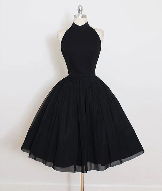 Black Tulle High Neckline Knee Length Party Dress, Black Homecoming Dresses