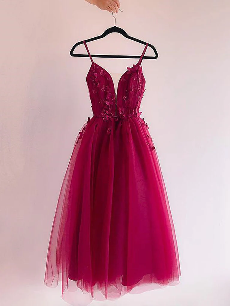 Burgundy Prom Dresses With Lace Appliques, Burgundy Lace Homecoming Dresses