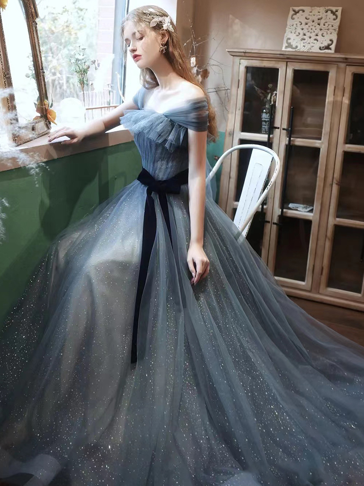 Sweetheart Off Shoulder Tulle Long Evening Dress, A-line Tulle Party Dresses