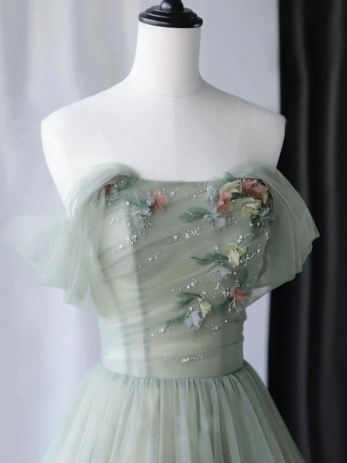 Beautiful Light Green Tulle Long Party Dress, Green Tulle Formal