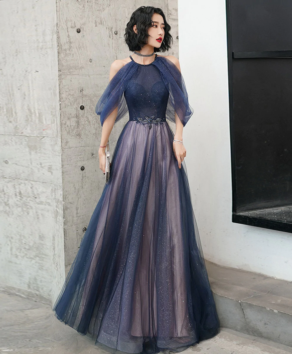 Elegant High Neckline Tulle Long Formal Dress, A-line Tulle Prom Dress