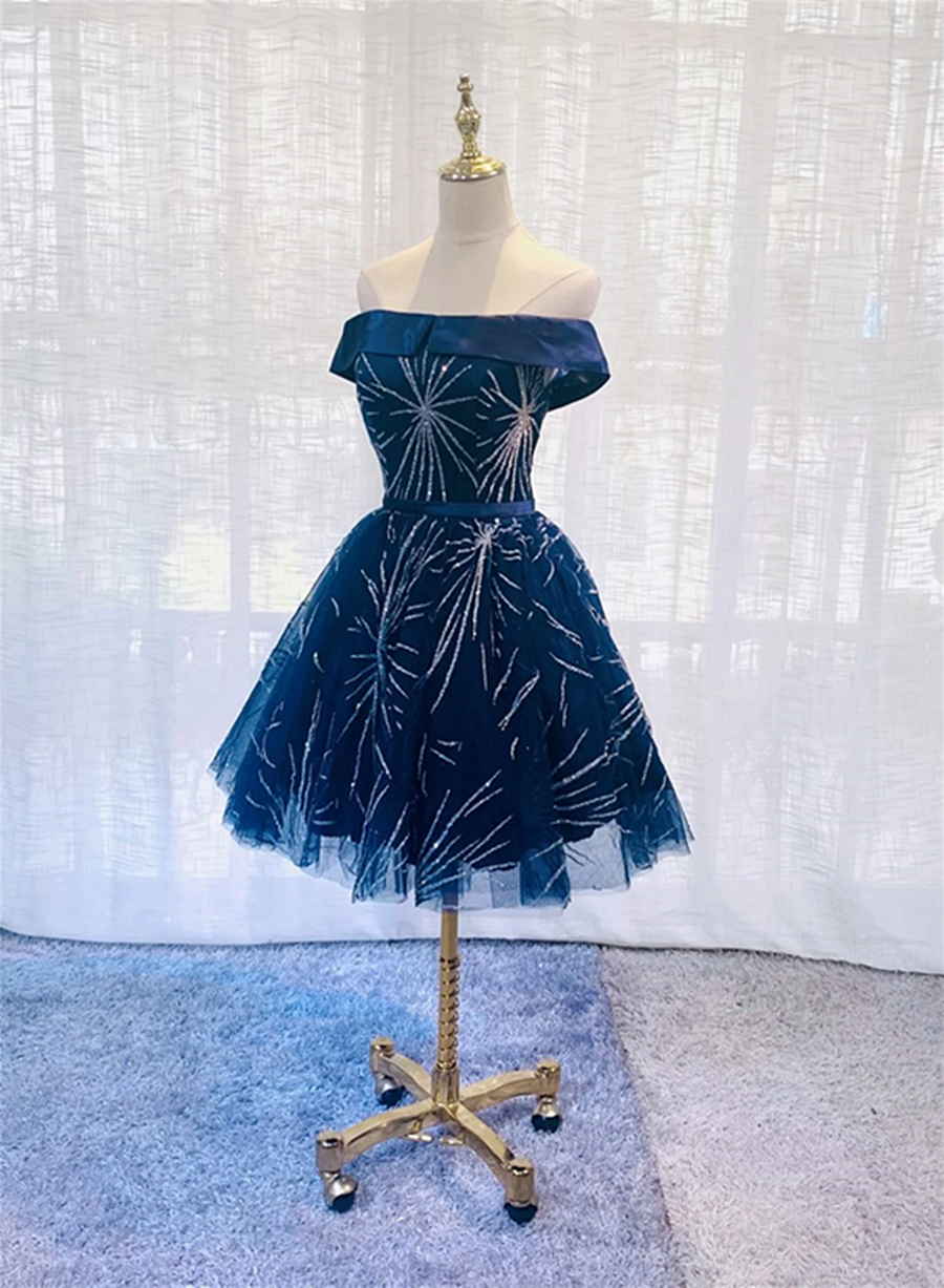 Blue Tulle Off Shoulder Knee Length Party Dress, Blue Homecoming Dresses