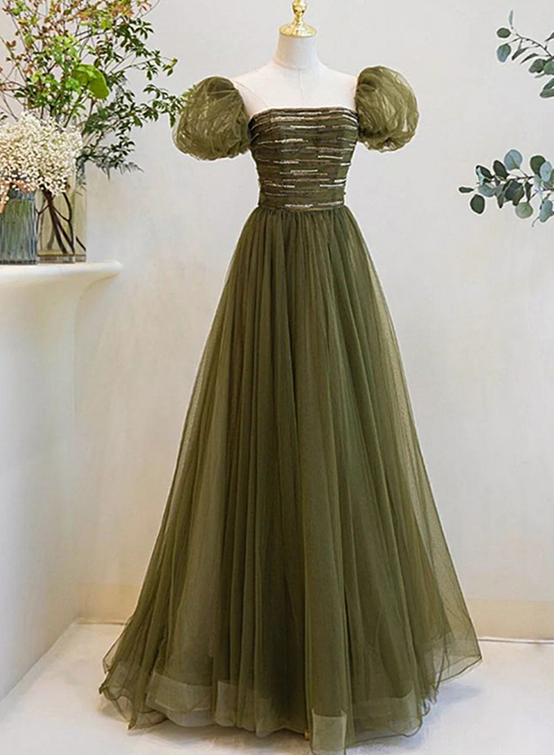 A-line Green Short Sleeves Tulle Sequins Long Junior Prom Dress, Green Party Dresses