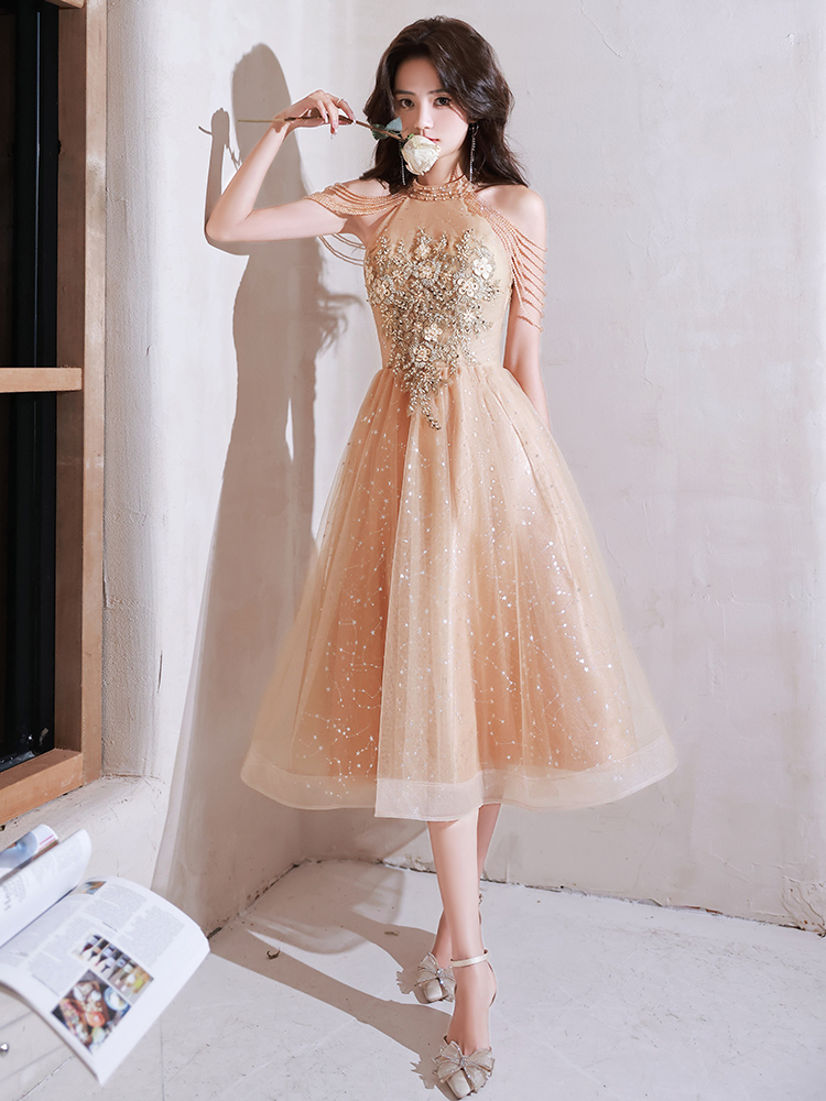Cute Champagne Halter Tea Length Shiny Tulle With Lace, A-line Short Prom Dress