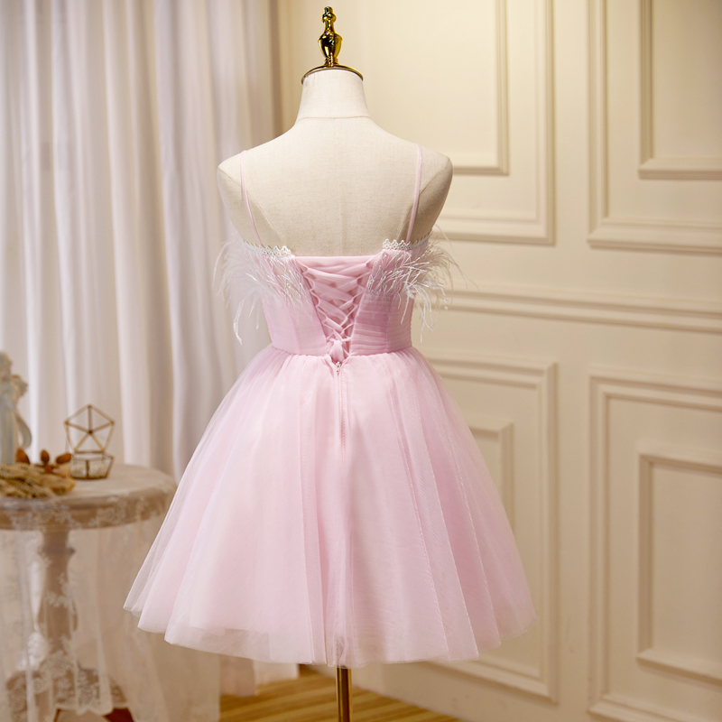 Cute Pink Tulle Short Sleeves Knee Length Homecoming Dress, Cute Pink Prom Dress