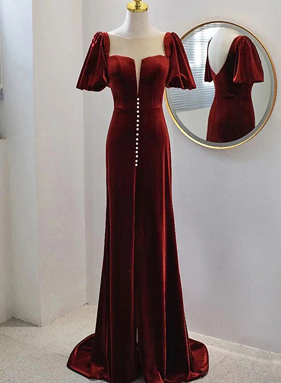 Burgundy Velvet Long Round Neckline Party Dress, Burgundy Prom Dresses