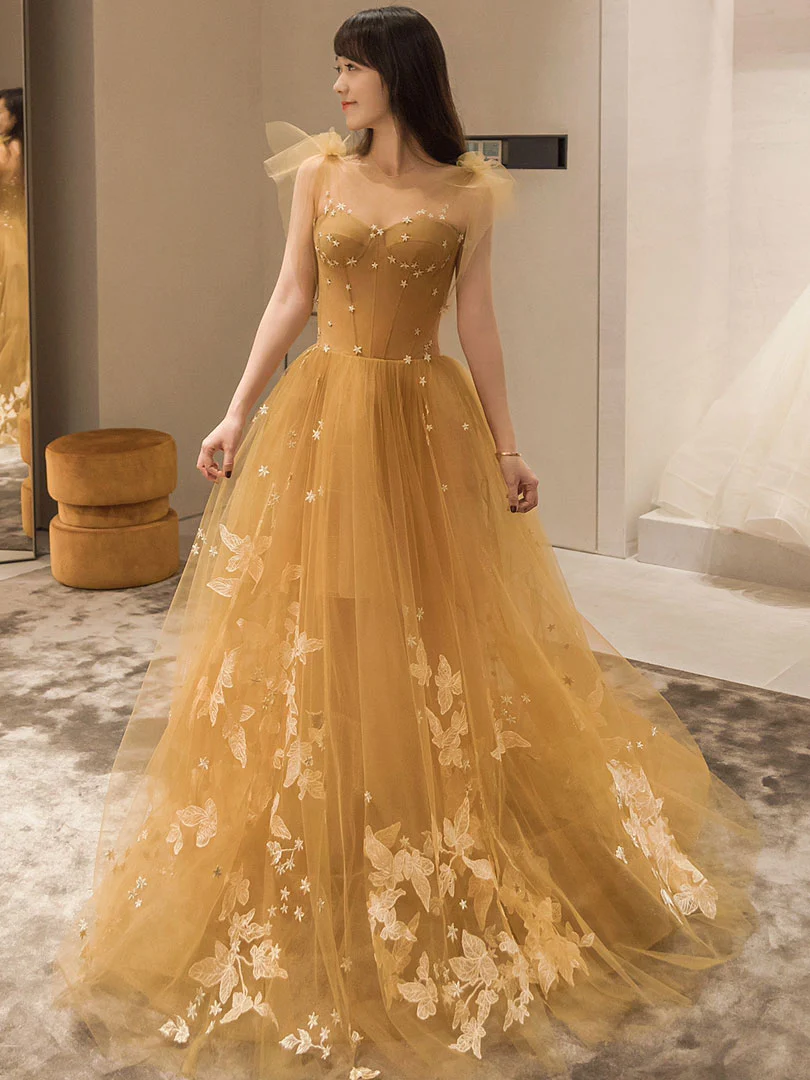 Yellow Tulle Long Party Dresses With Lace, Prom Dresses, A-line Tulle Evevning Gown
