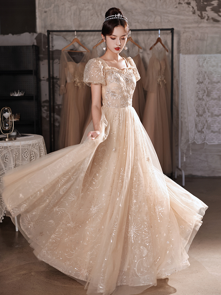 Champagne Tulle Cap Sleeves A-line Simple Prom Dress, Tulle Junior Prom Dresses