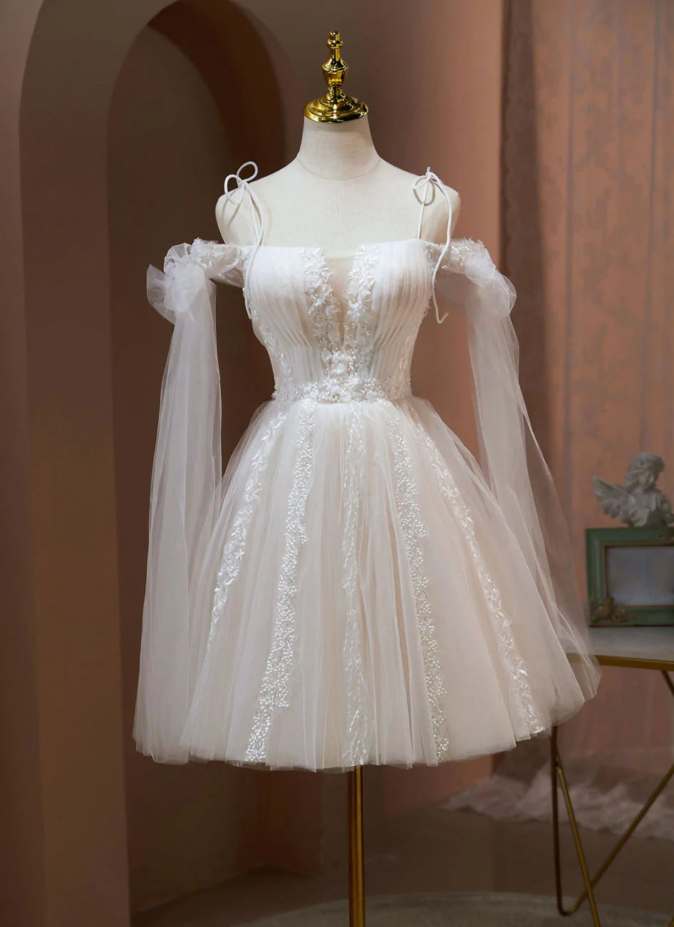 Cute Tulle Knee Length With Lace Short Prom Dress, Cute Ivory Party Dresses