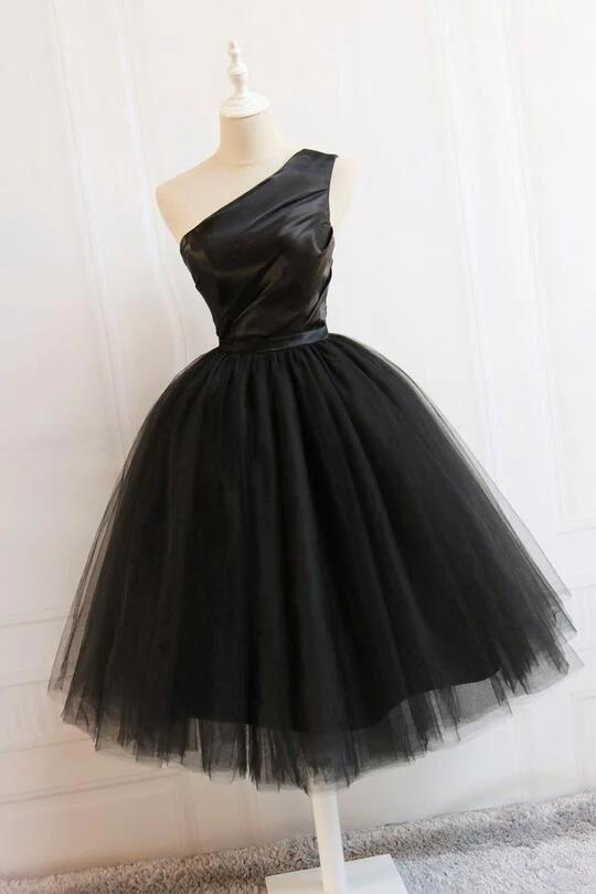 Black One Shoulder Short Wedding Party Dresses, Black Formal Dresses
