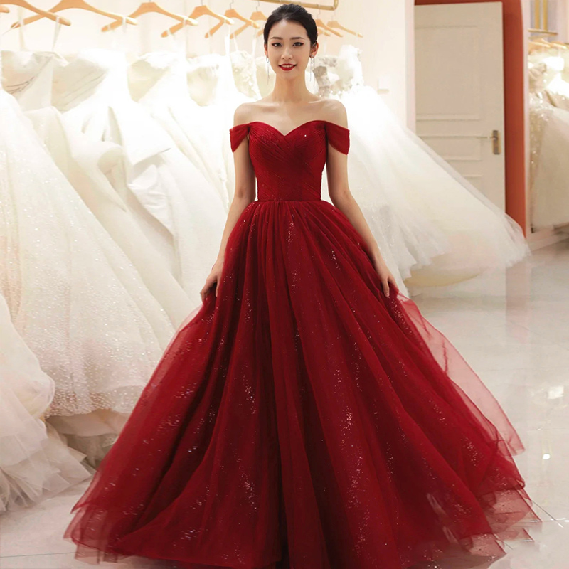 Off Shoulder Shiny Tulle Burgundy Wedding Party Dress, Dark Red Prom Dress