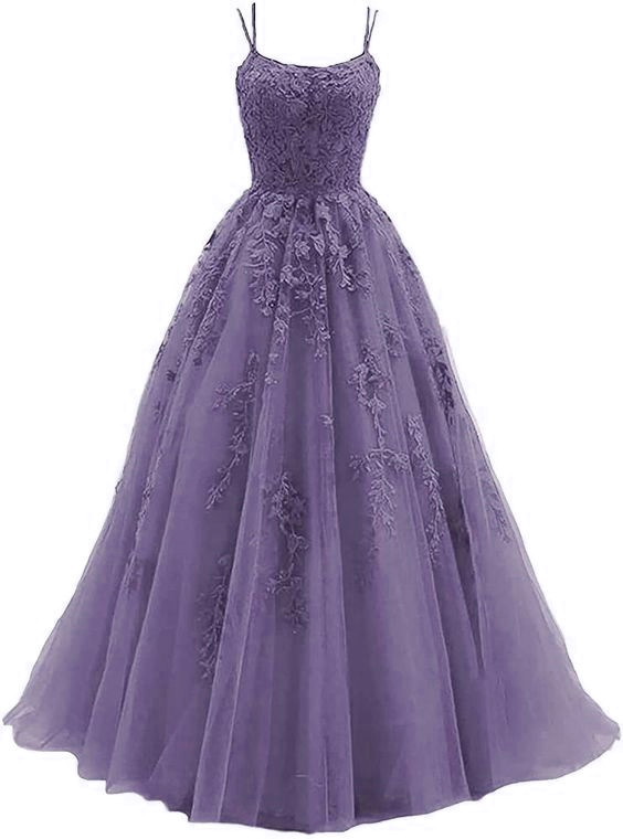 Purple Lace Appliques Dresses Long,spaghetti Straps Tulle Prom Dresses