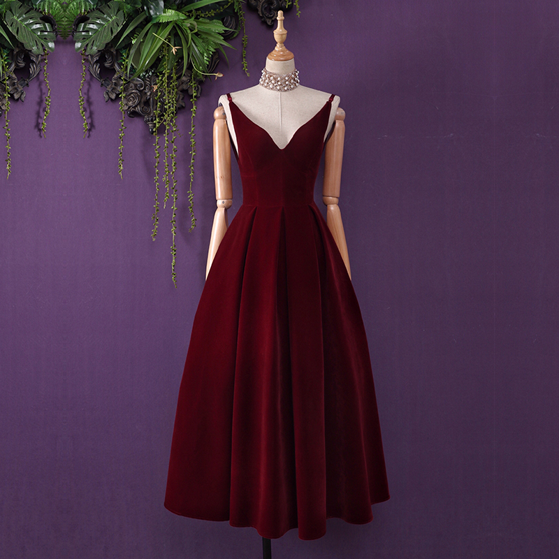 Wine Red Velvet Low Back Tea Length Party Dress, Burgundy Formal Gown