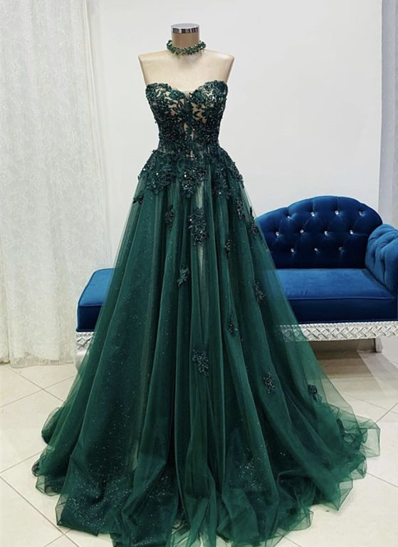 Beautiful Dark Green Tulle Sweetheart Long Formal Dress, Green Junior Prom Dresses