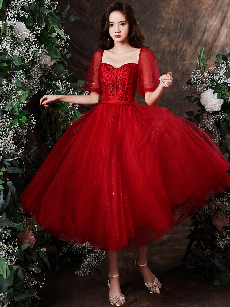 Red Short Sleeves Tulle With Lace Formal Dress, Tea Length Evening Gown