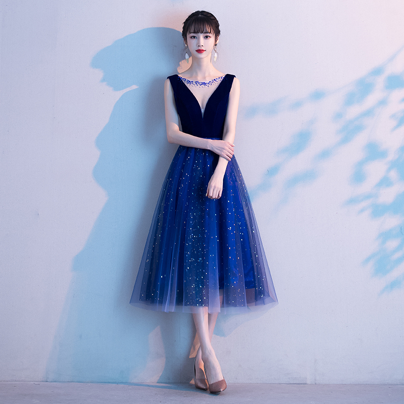 Blue Tulle And Velvet Tea Length Wedding Party Dress, Blue Short Formal Dresses