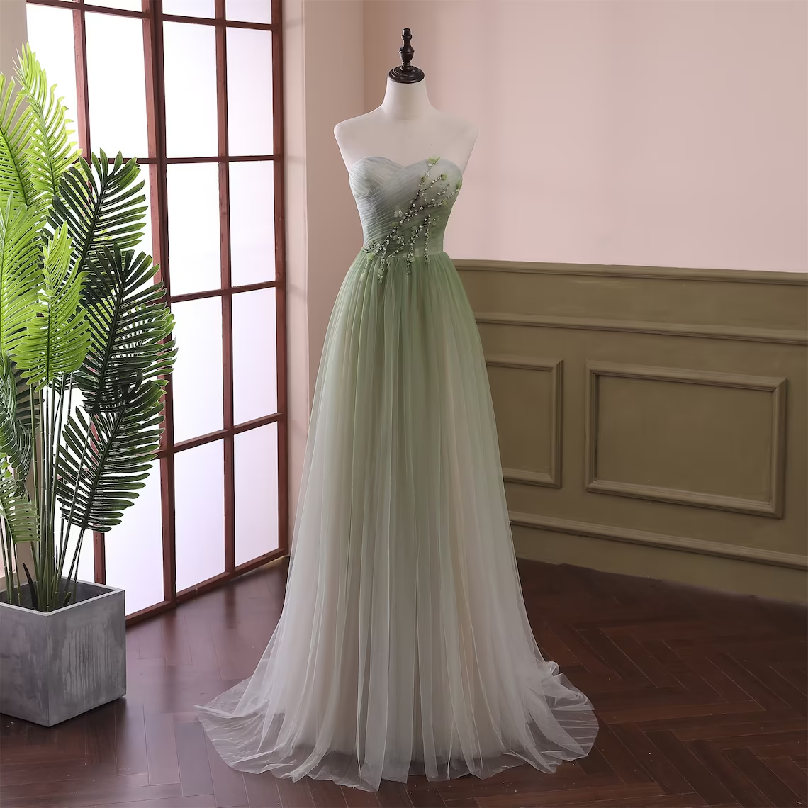Charming Green Gradient Tulle Sweetheart Beaded Long Formal Dress, Green Evening Party Dresses