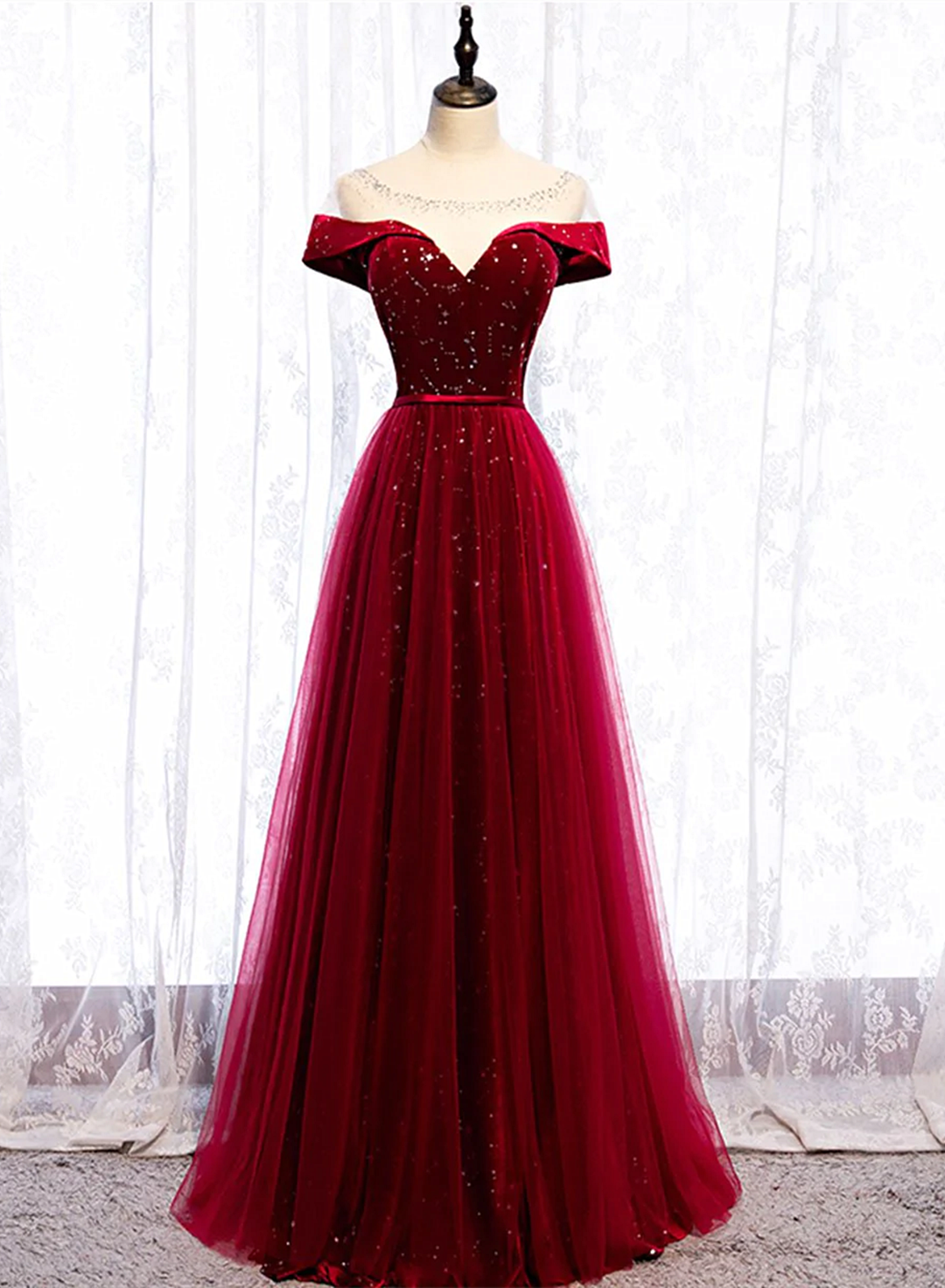 Burgundy Velvet And Tulle Long Prom Dress, A-line Dark Red Floor Length Prom Dress