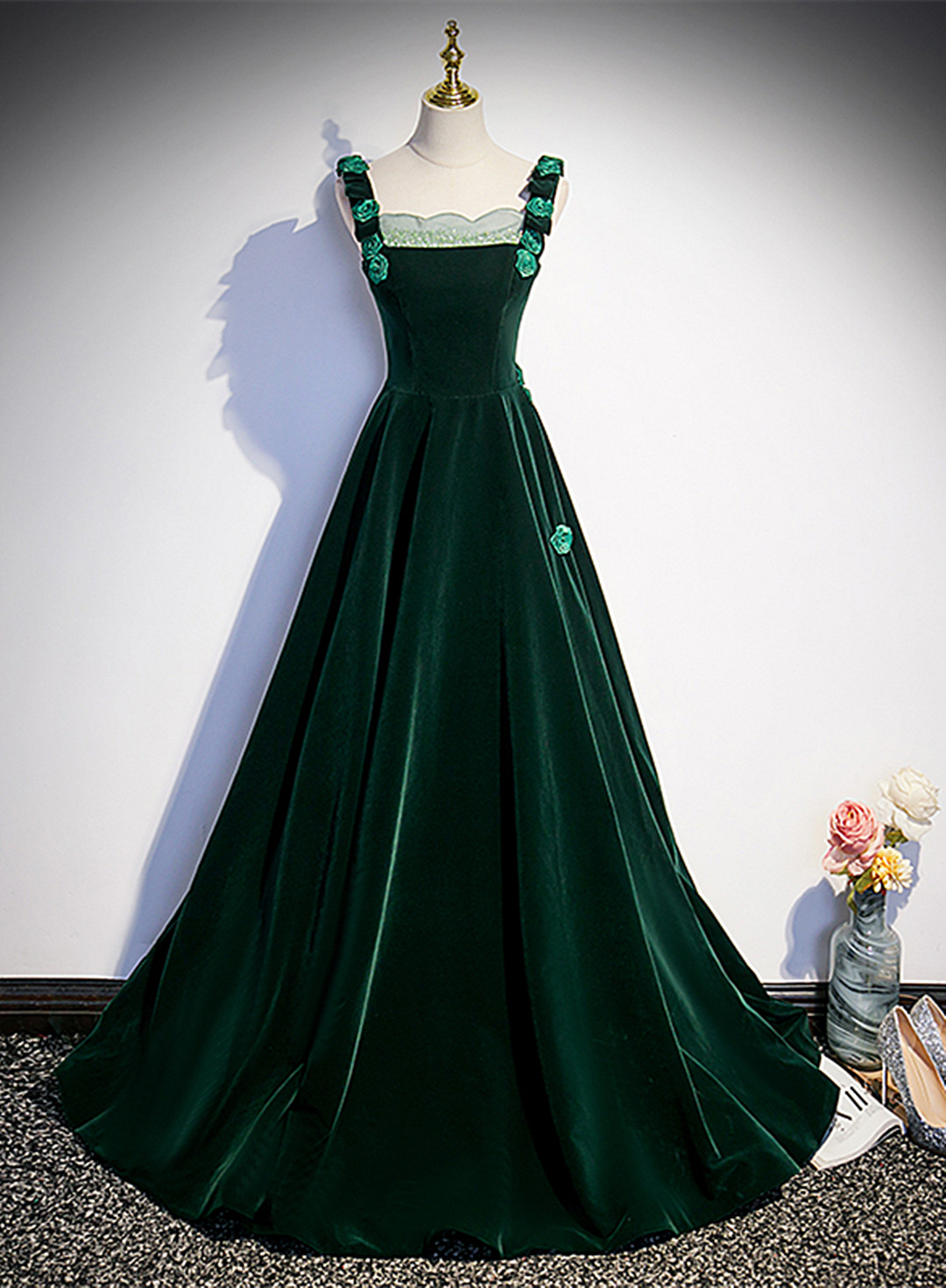 Green Velvet Straps Long Formal Gown With Flowers, Green Wedding Party Dresses