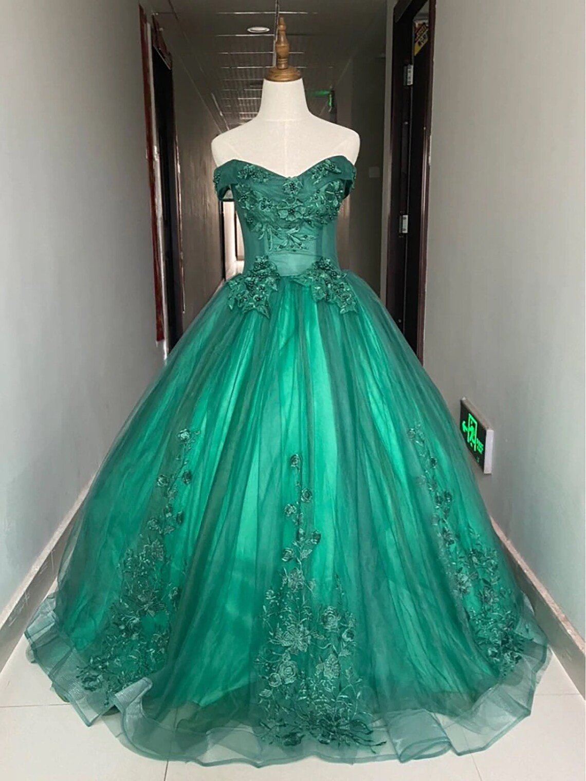 Green Tulle Ball Gown Off Shoulder Sweet 16 Dresses, Green Formal Dresses