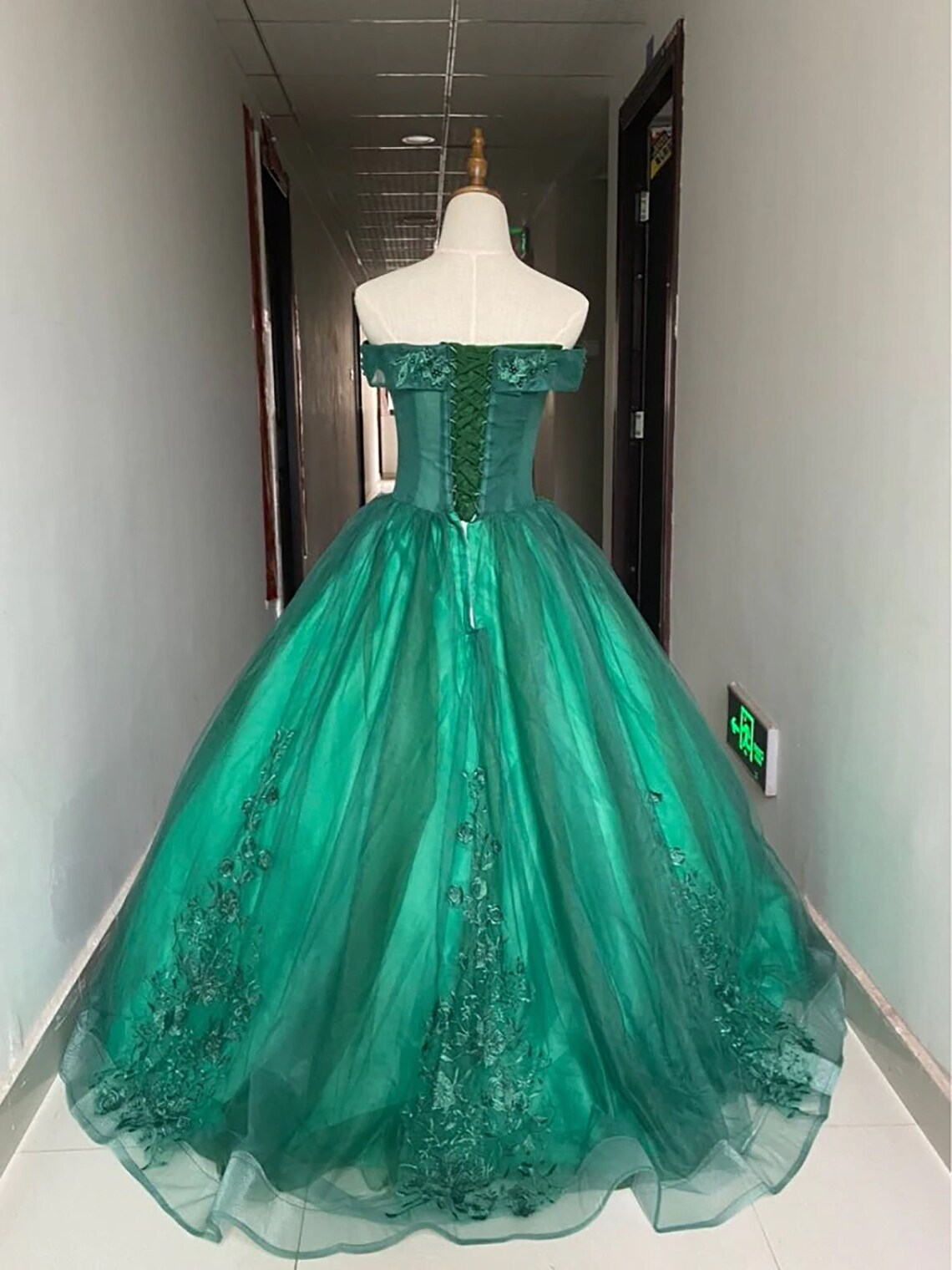 Green Flowers Off Shoulder Tulle Long Formal Dress, Green Sweet 16 Dress