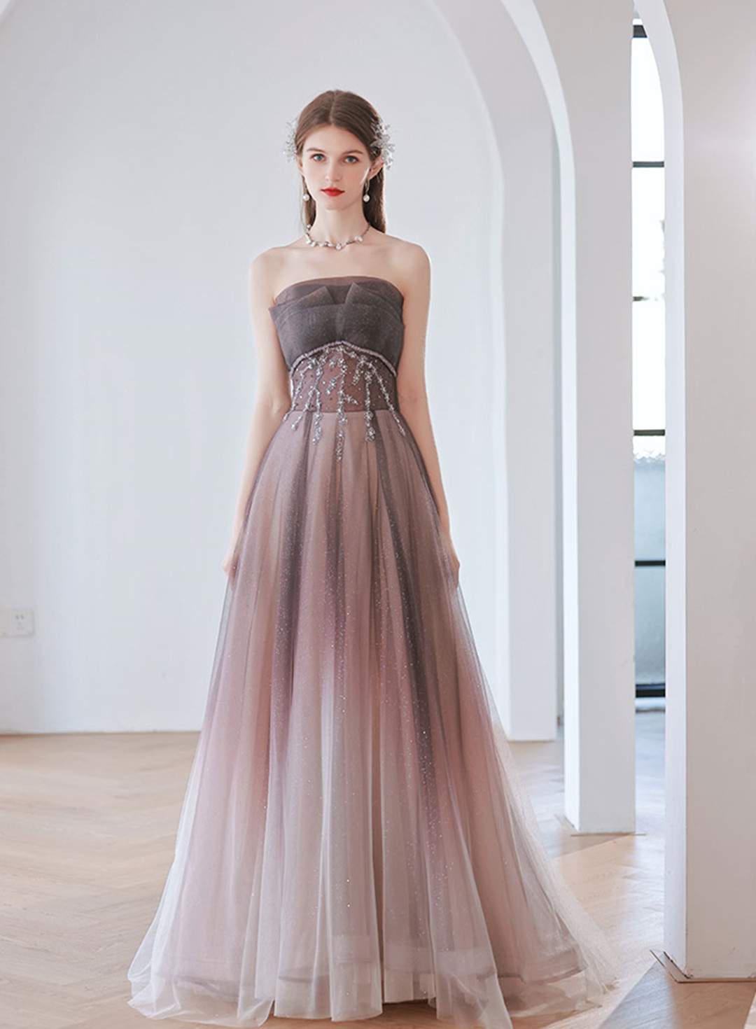 Shiny Tulle Gradient Floor Length Lace-up Party Dress, Long Evening Gown, Formal Dresses