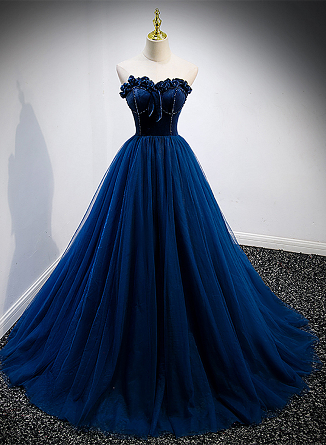 Charming Blue Velvet Top And Tulle A-line Formal Dress, Blue Sweetheart Prom Dress