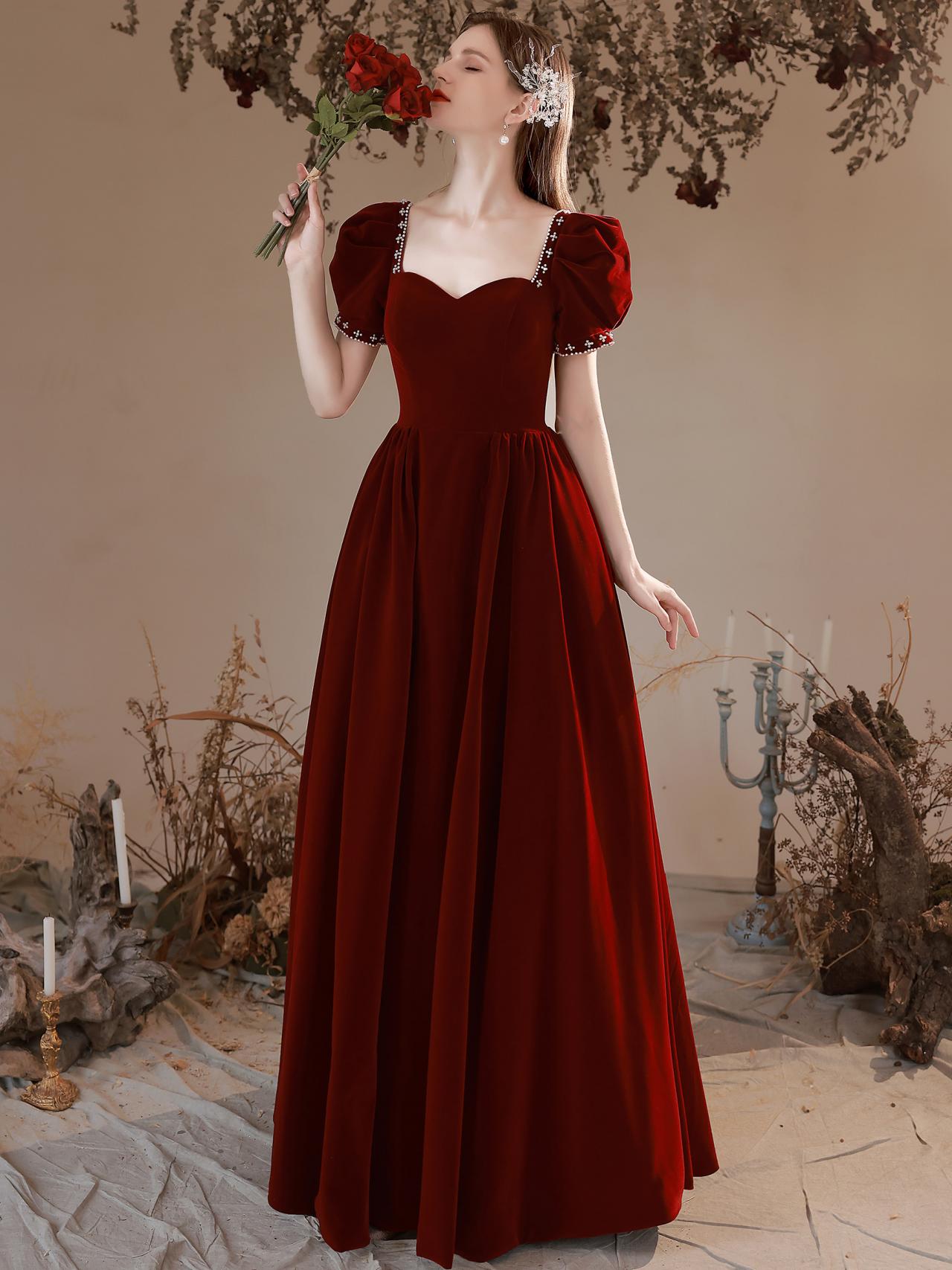 Wine Red Beaded Long Evening Dresses Prom Dress, A-line Floor Length Formal Dresses