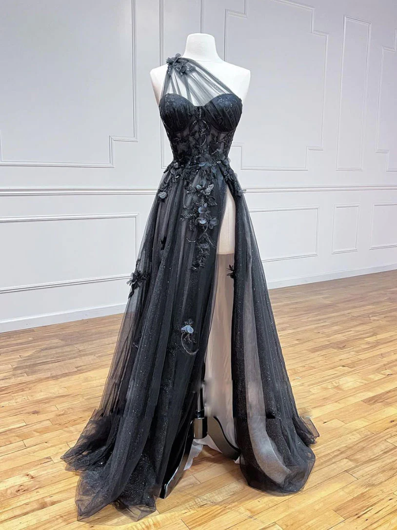 black prom dress leg slit Spaghetti Straps Thigh Split Lace Appliques Black Prom Dress PSK359 US8 / Custom Color