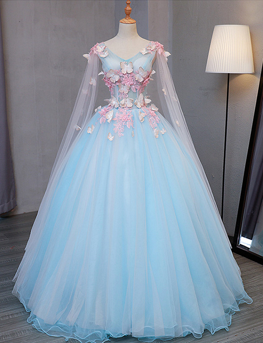 Light Blue Fairy Butterfly Lace Ball Gown Prom Dresses, Sweet 16 Party Dresses