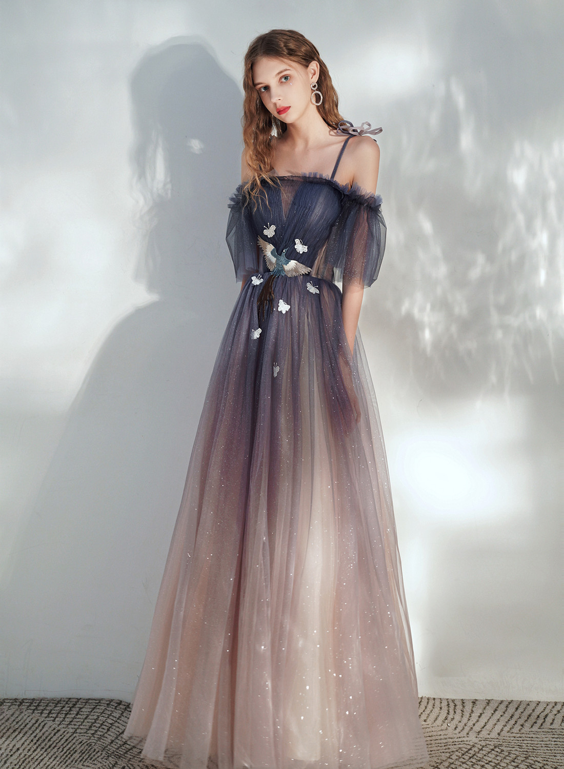 Gradient Purple Tulle Off Shoulder With Butterflies, A-line Simple Junior Prom Dress