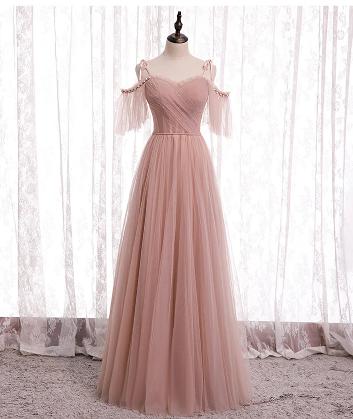 Pink Tulle Simple Long Wedding Party Dresses, Pink Tulle Prom Dress