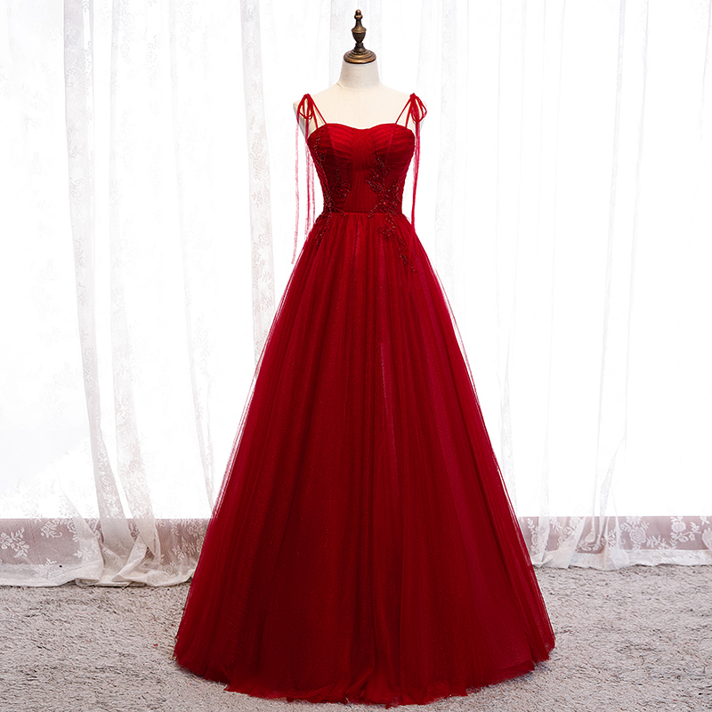 A-line Dark Red Beaded Sweetheart Tulle Floor Length Party Dress, Wine Red Long Prom Dress
