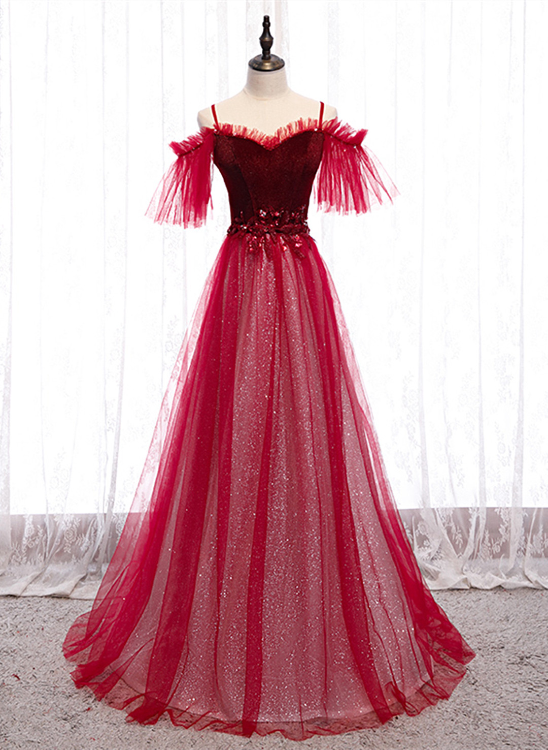 Wine Red Velvet And Tulle Party Dress, A-line Tulle Floor Length Prom Dress
