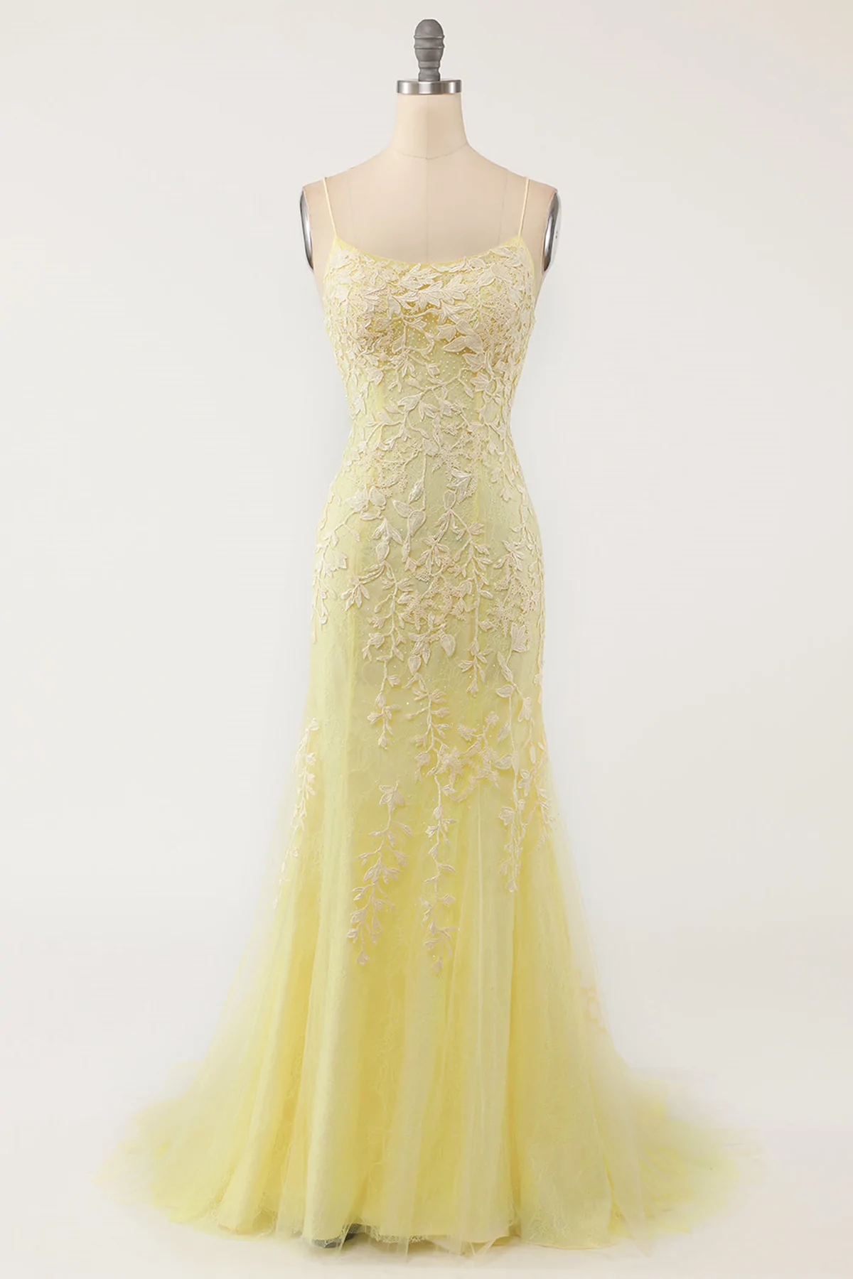 Backless Yellow Lace Long Prom Dresses, Mermaid Yellow Formal Dresses, Yellow Lace Evening Dresses