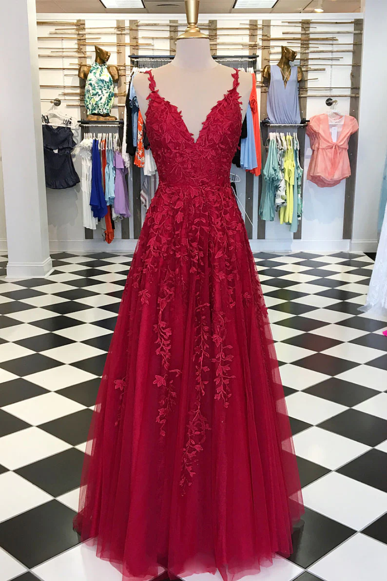 Burgundy V-neckline Lace Applique Long Formal Dress, A-line Prom Dress