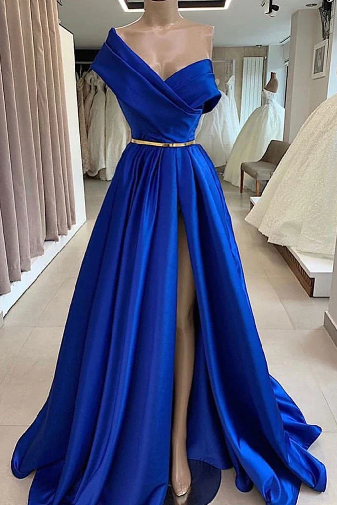 One Shoulder Royal Blue Satin Long Formal Dress, Blue Party Dress