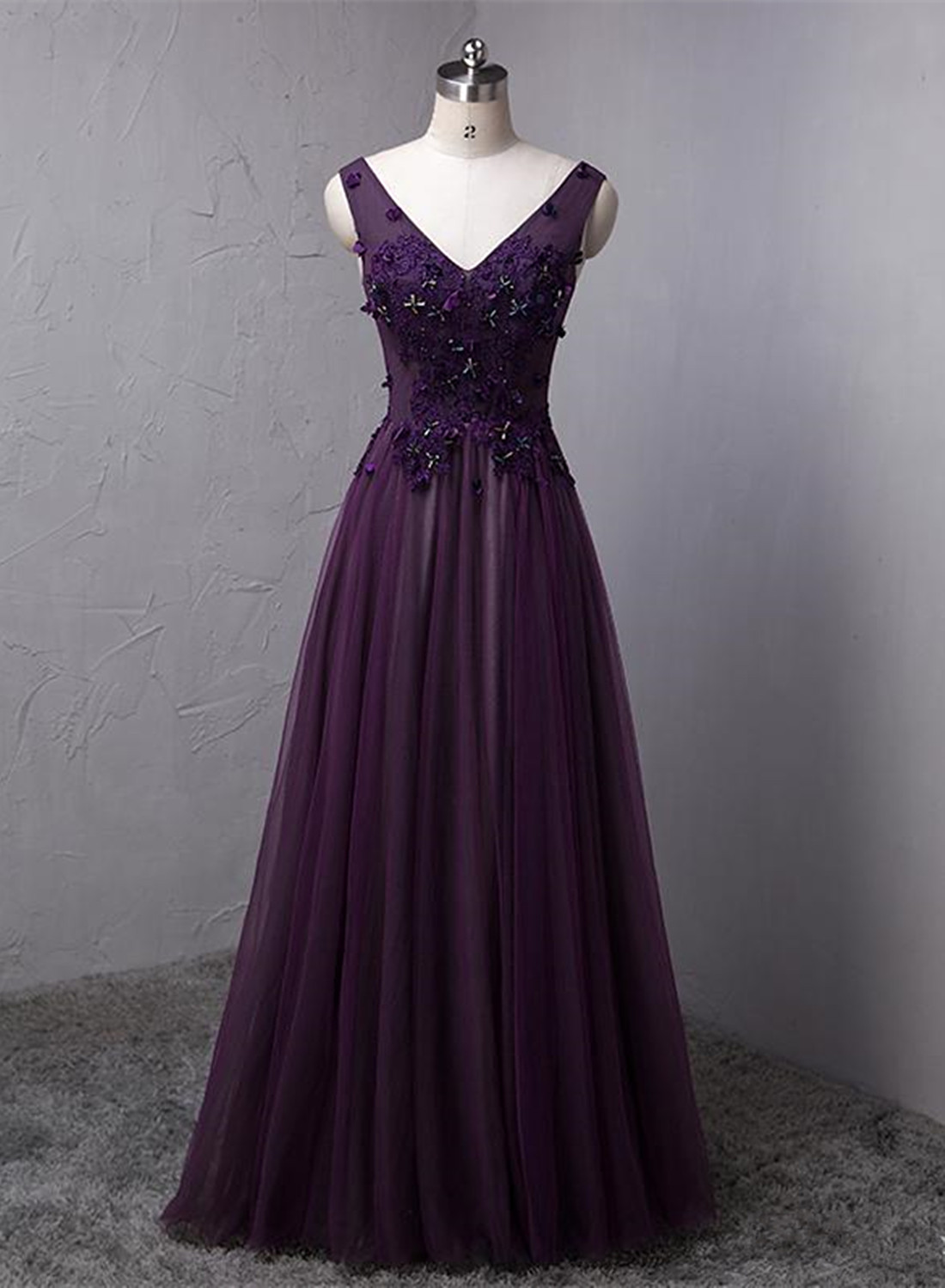 Dark Purple Floor Length Prom Dress, A-line Tulle Formal Dress