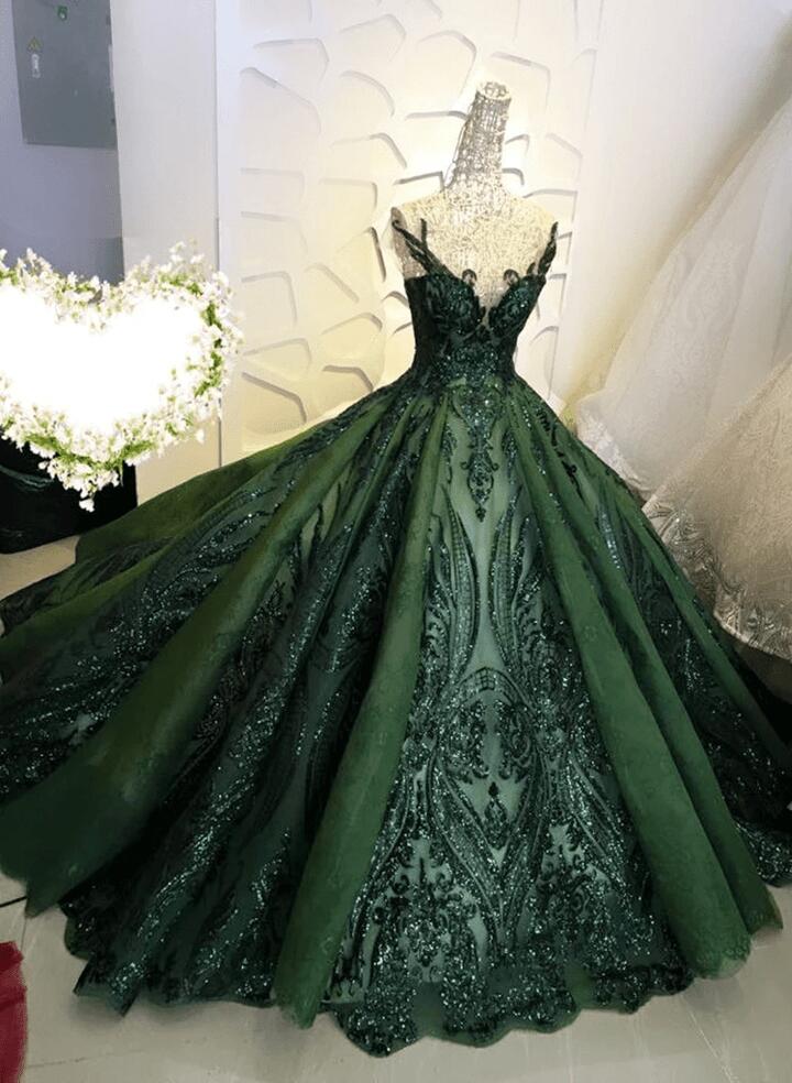 Shiny Green Tulle Ball Gown Formal Dress, Shiny Tulle Lace Sweet 16 Dresses