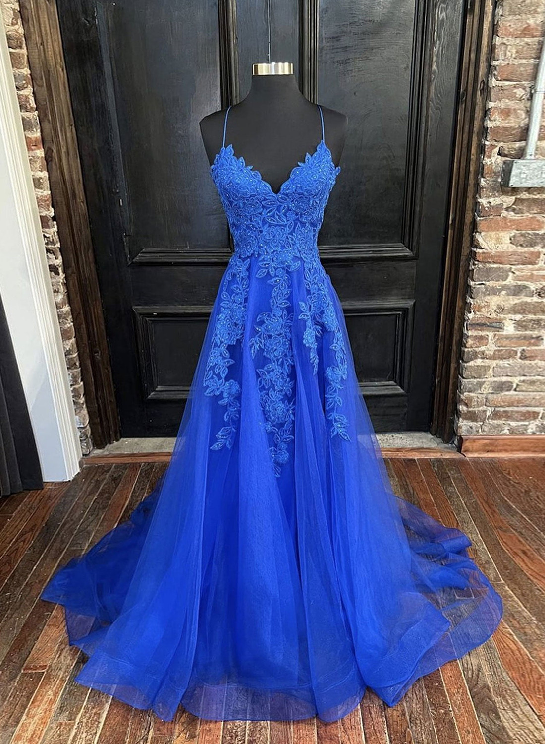 Blue Tulle With Lace V-neckline Floor Length Party Dress, A-line Blue Prom Dress