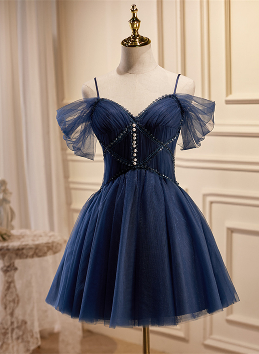 Navy Blue Short Tulle Prom Dress, Blue Beaded Homecoming Dresses Party Dress