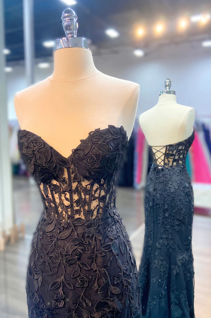 Black Strapless Lace Mermaid Long Prom Dress, Sweetheart Black Formal Dress