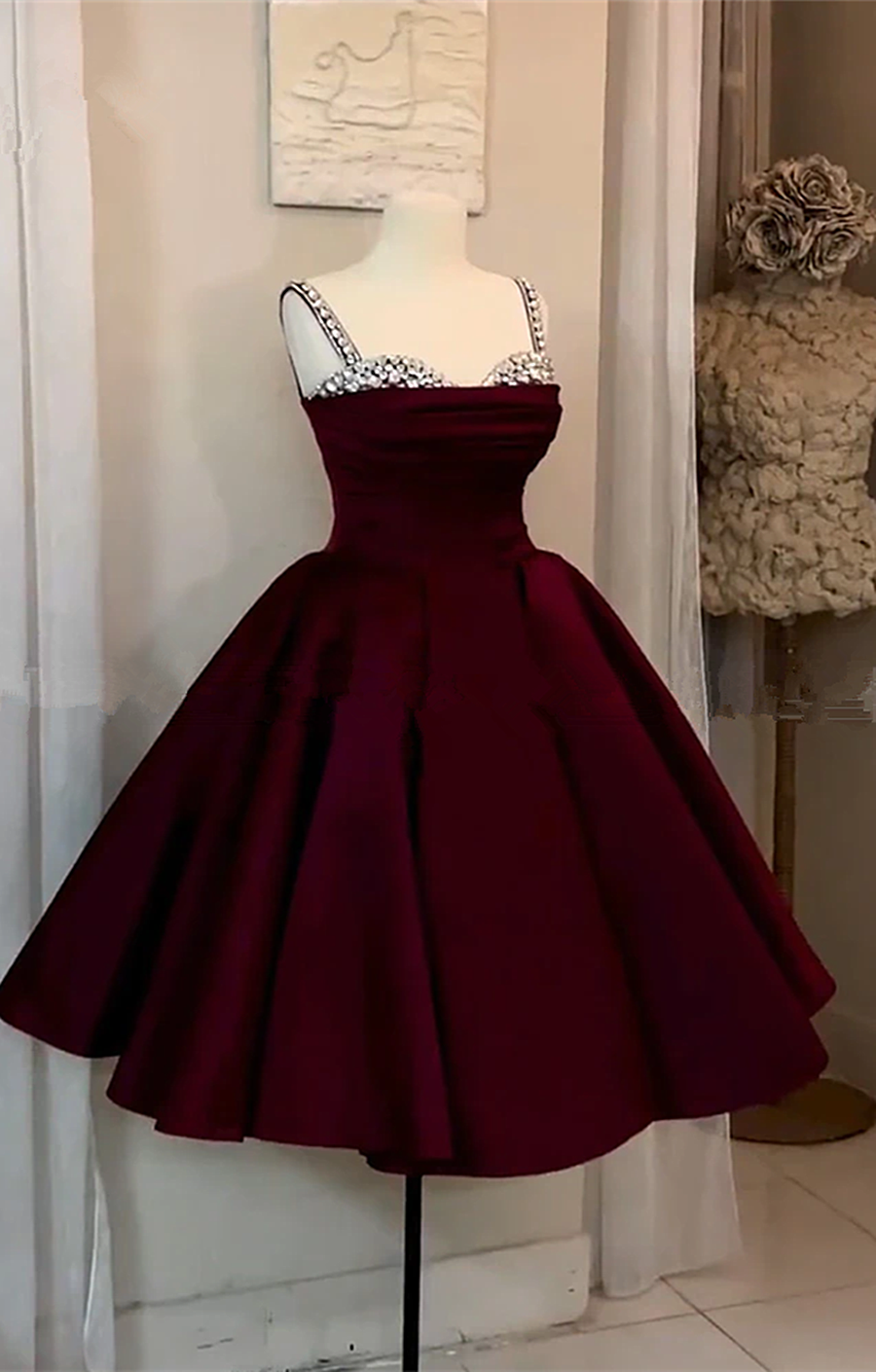 Burgundy Short Prom Dress Sweetheart Spaghetti Formal Dress, Burgundy Party Dress