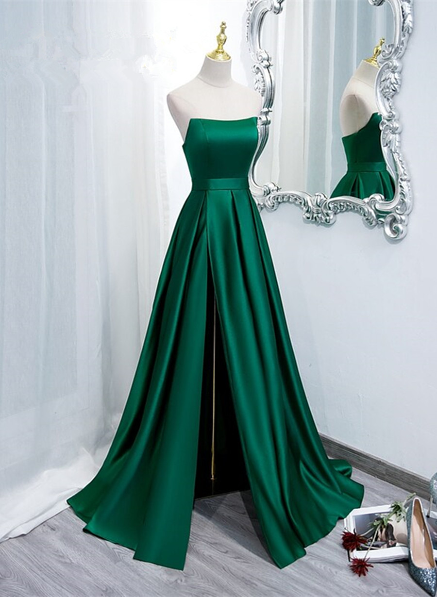 Green Satin Long Evening Dress with Slit, Green A-line Prom Dress 