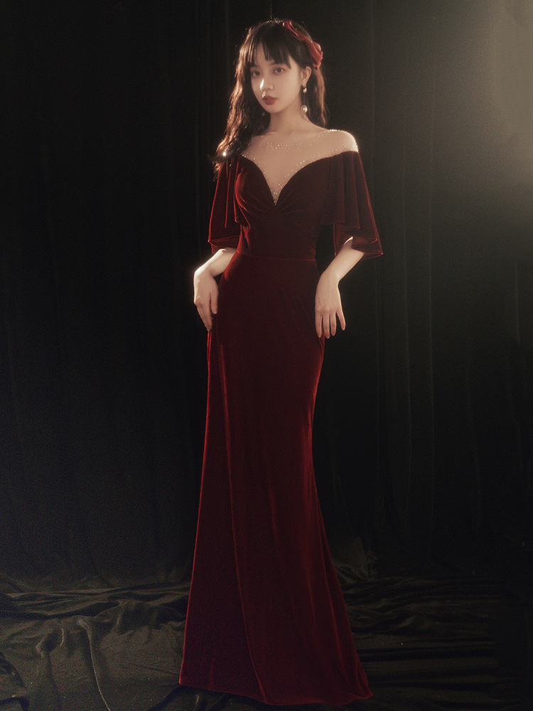 Beautiful Memaid Evening Dress Wine Red Party Dress, Velvet Long Prom Dress