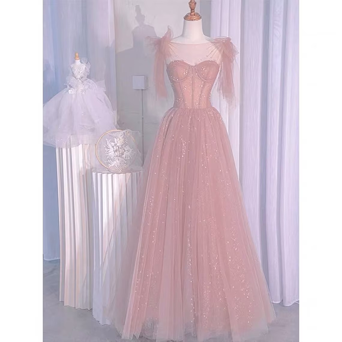 Pink Sweetheart Tulle Straps Long Prom Dress, Pink Junior Party Dress
