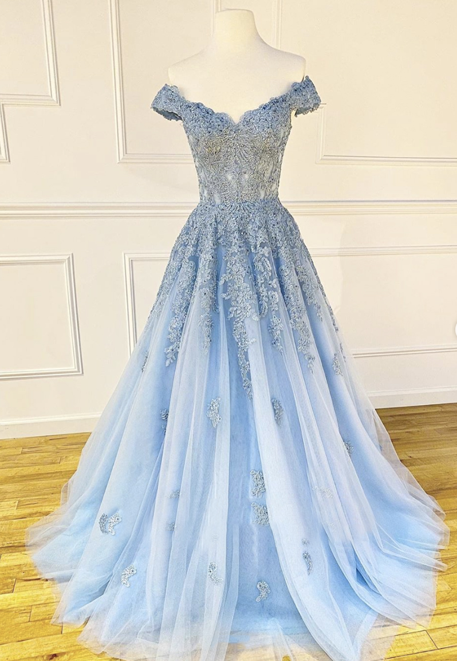 Light Blue Tulle with Lace Off Shoulder Long Formal Dress, Blue Evening Party Dress
