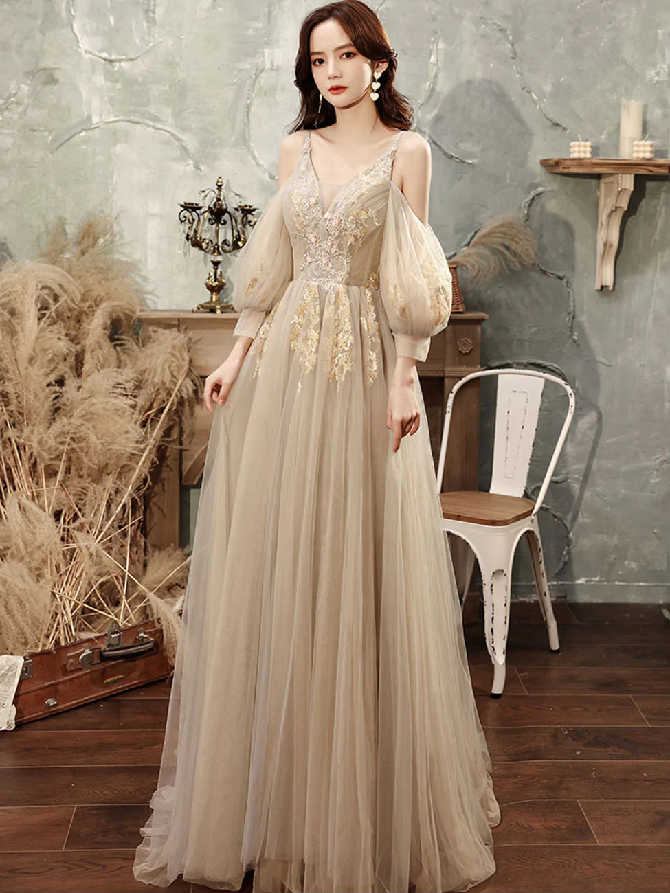 Cute Champagne A Line Tulle Lace Floor Length Prom Dress, Lace Formal Graduation Dress
