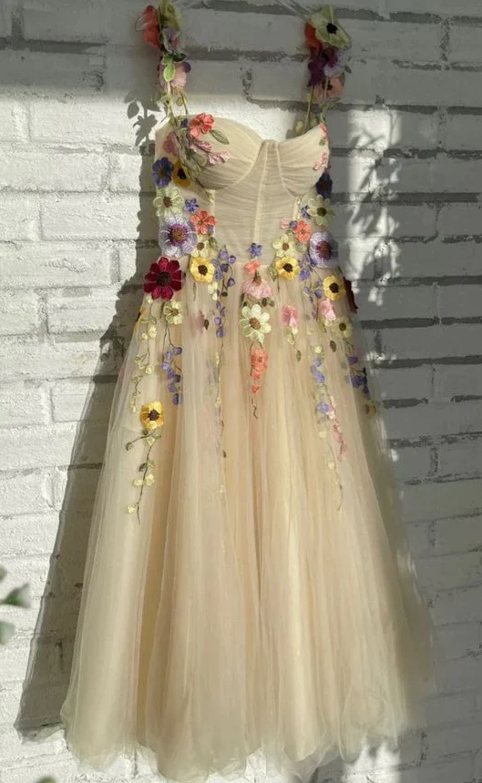 Champagne Tulle Tea Length Formal Dress With Flowers, Champagne Prom