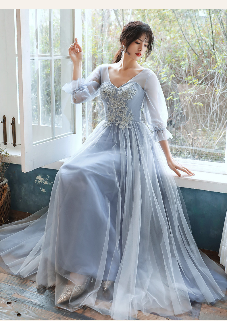 Blue Long Beautiful Party Dress, Blue with Lace Formal Dresses